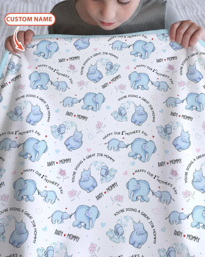 Custom Name Mother & Baby Elephant Bamboo Blanket