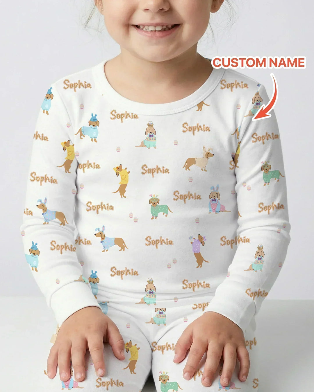 Custom Name Easter Dachshund Bamboo Two Piece Long Sleeve Pajama Set