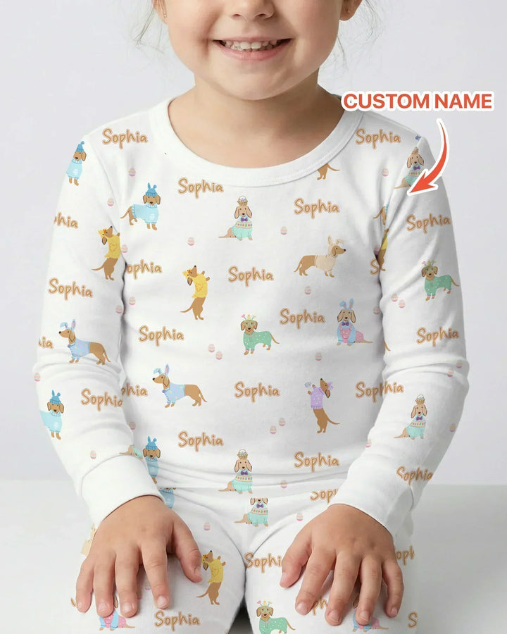 Custom Name Easter Dachshund Bamboo Two Piece Long Sleeve Pajama Set