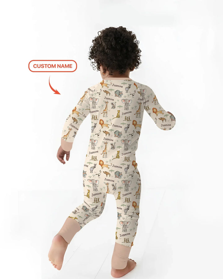 Safari Friends Custom Name Bamboo Two Piece Long Sleeve Pajama Set
