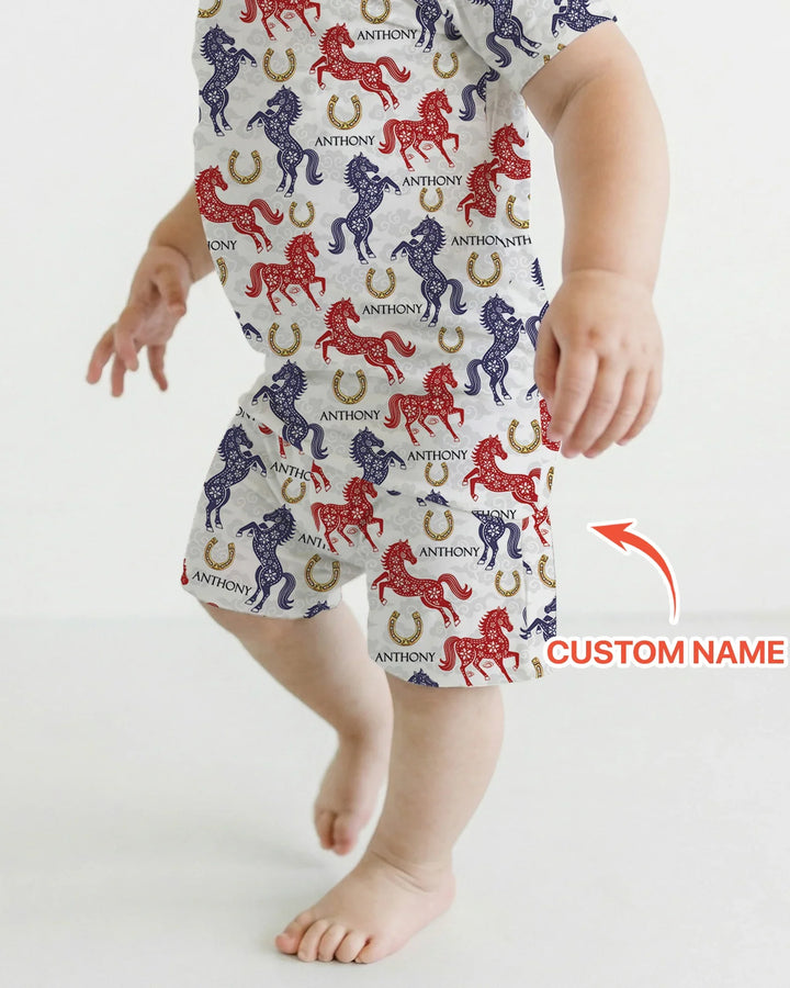 Custom Name Chinoiserie Horses Bamboo Two Piece Short Sleeve Shorts Pajama Set