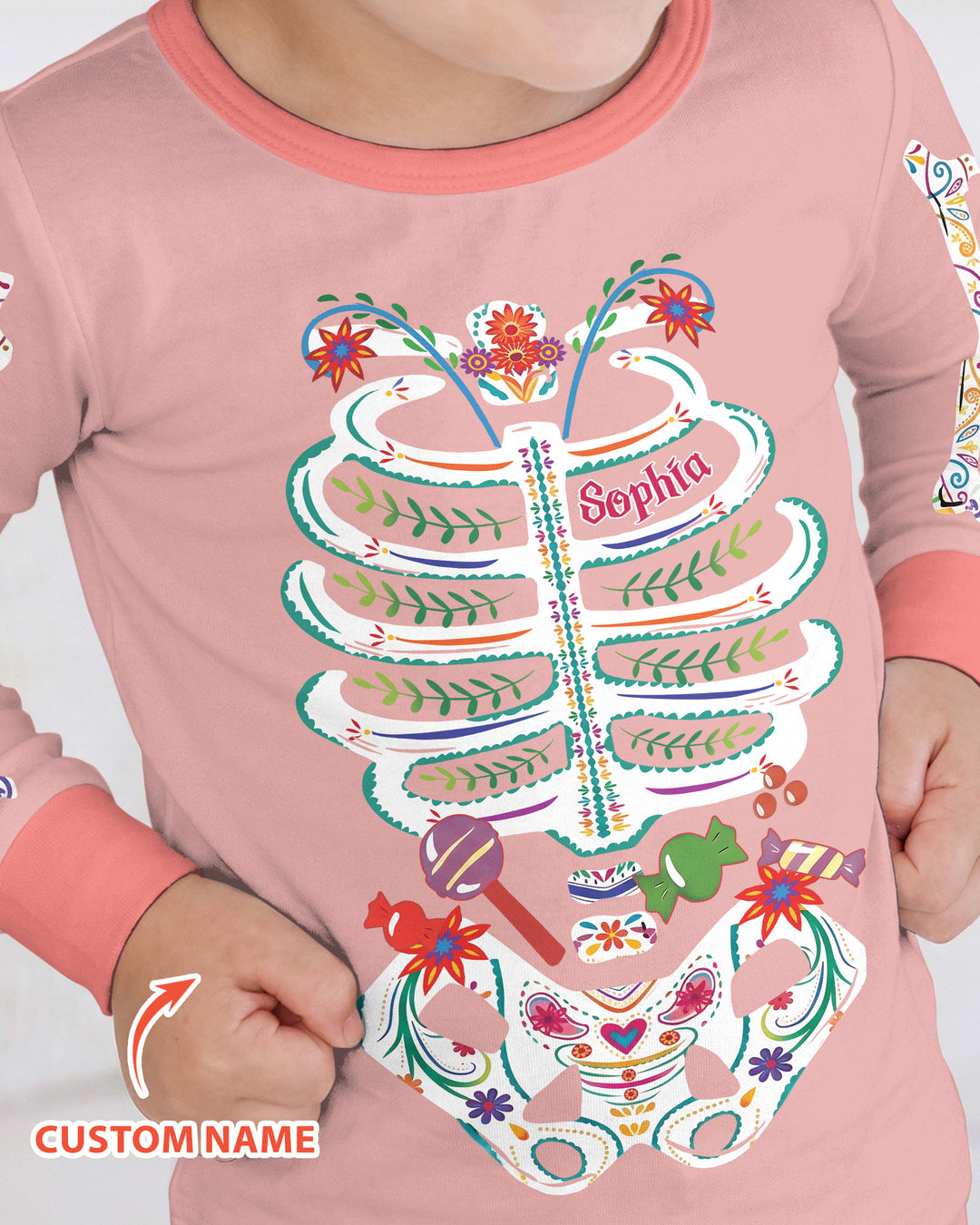 Custom Mexican Halloween Floral Skeleton Bamboo Two Piece Long Sleeve Pajama Set