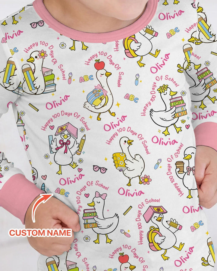 Custom Name Goose Happy 100 Days Of School Bamboo Two Piece Long Sleeve Pajama Set