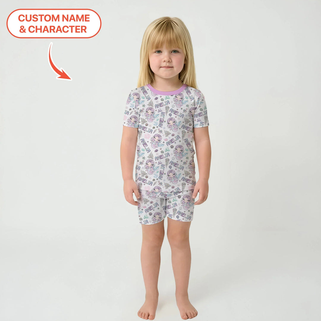 Custom Name Doodle Little Mermaid Bamboo Two Piece Short Sleeve Shorts Pajama Set