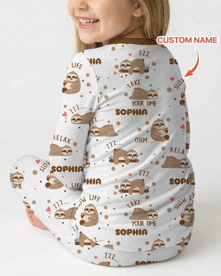 Custom Name Cute Sloth Bamboo Two Piece Long Sleeve Pajama Set
