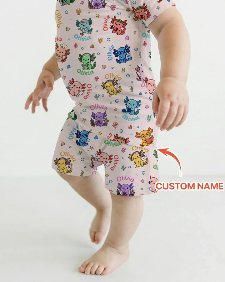 Custom Name Cute Hobby Axolotl Bamboo Two Piece Short Sleeve Shorts Pajama Set