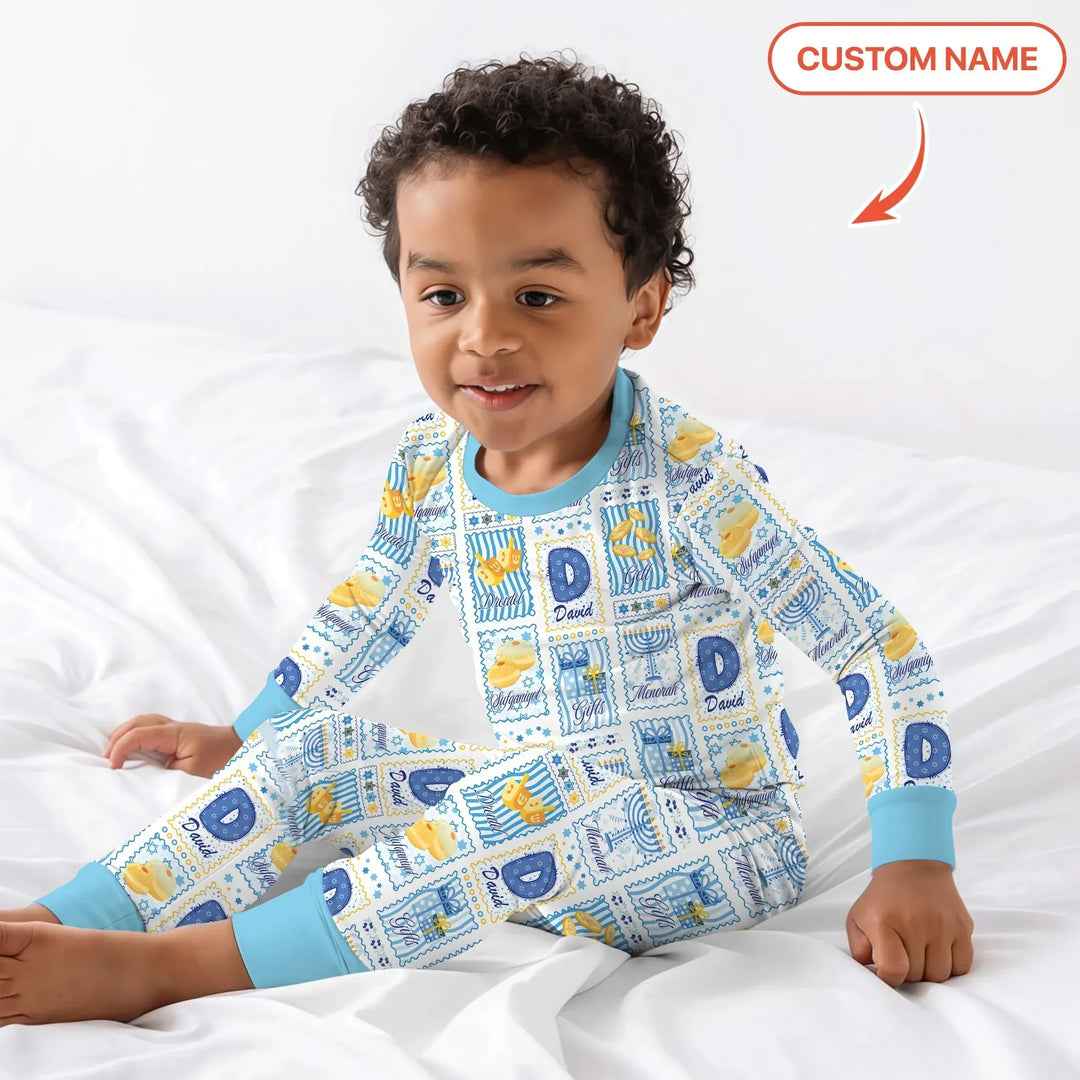 Light of Hanukkah Custom Name Bamboo Two Piece Long Sleeve Pajama Set