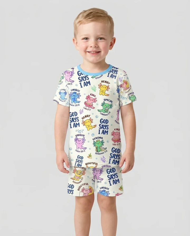 Axolotl God Says I Am Custom Name Bamboo Two Piece Short Sleeve Shorts Pajama Set