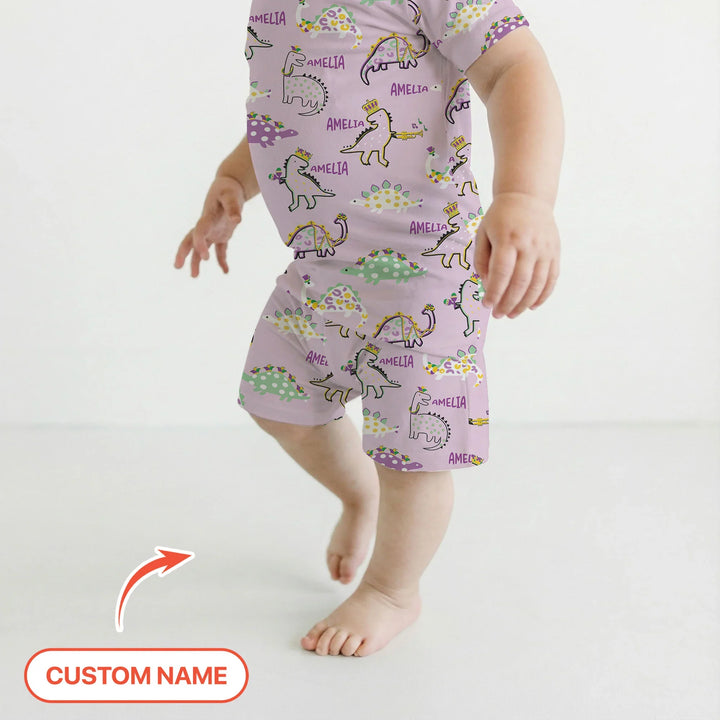 Custom Name Mardi Gras Saurus Bamboo Two Piece Short Sleeve Shorts Pajama Set