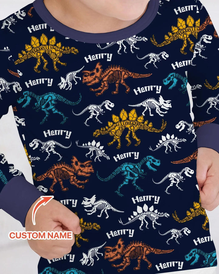 Dino Bones Parade Custom Name Bamboo Two Piece Long Sleeve Pajama Set