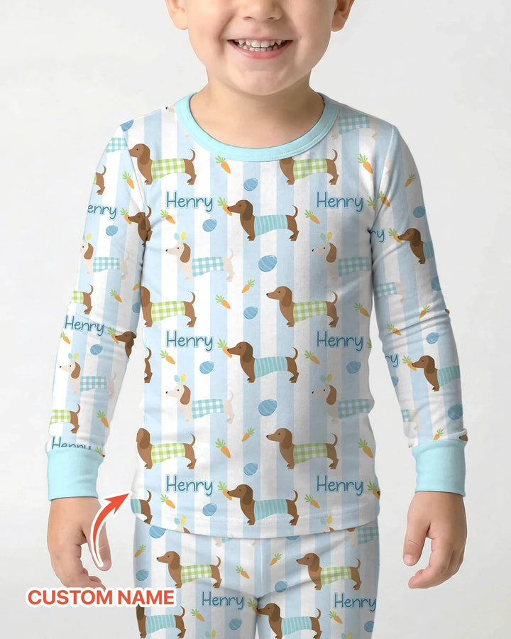 Custom Name Easter Dachshunds Family Matching Bamboo Two Piece Long Sleeve Pajama Set