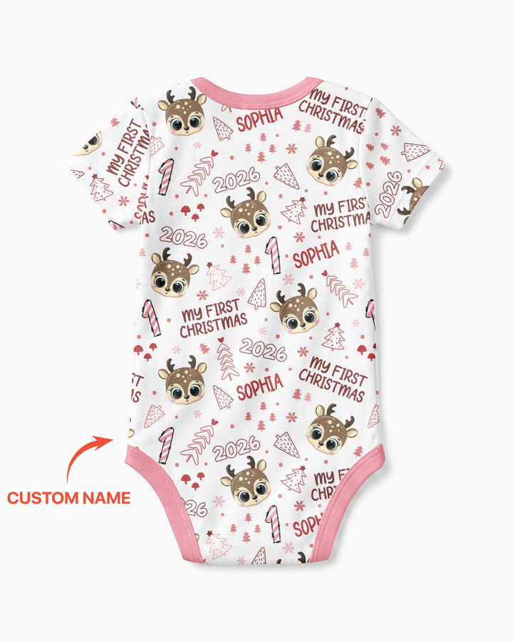 Custom Name Cute Reindeer My First Christmas Bamboo Bodysuit