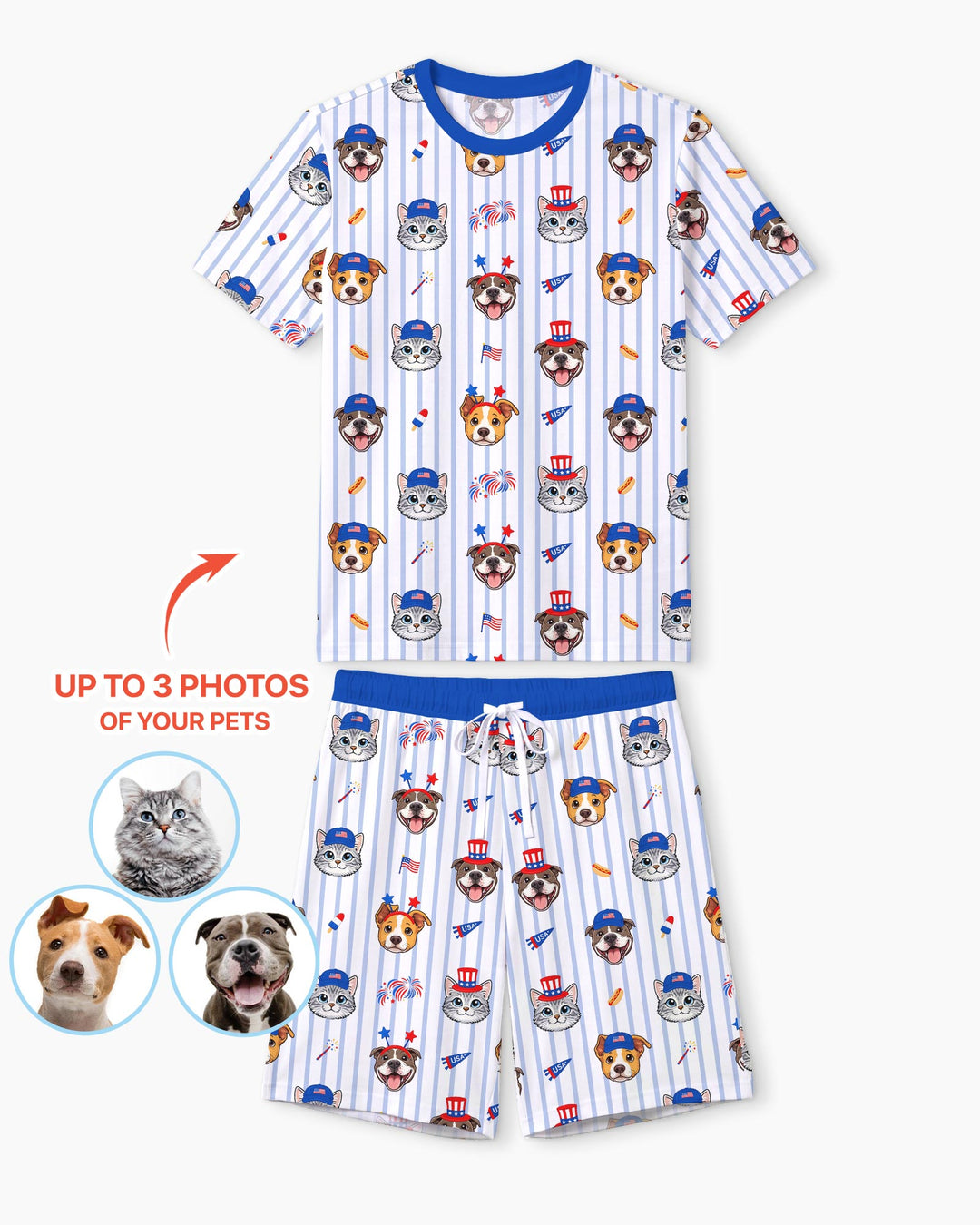 Custom Pet Image 4th of July Family Matching Bamboo Men Short Sleeve Short Pajama Set