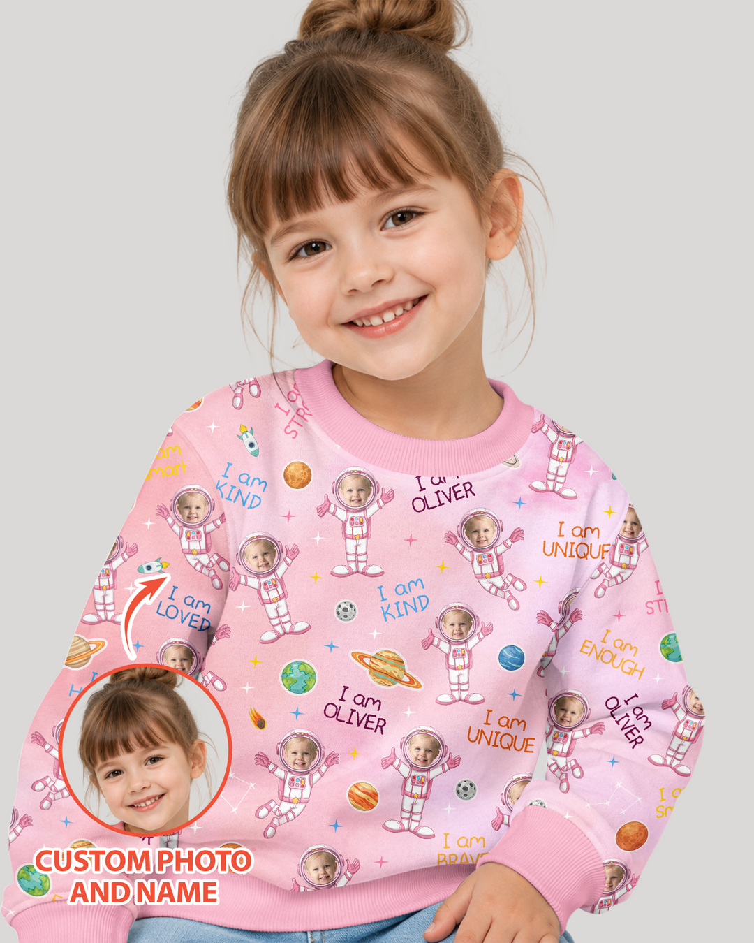 Custom Photo Kid Affirmations I Am Kind Astronaut Bamboo Crewneck Sweatshirt
