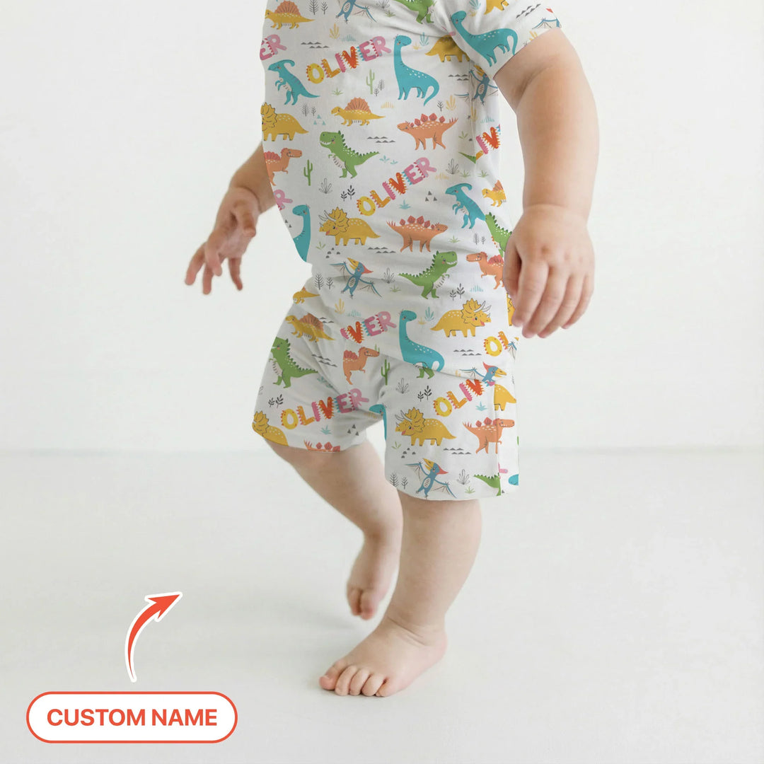 Dino Adventure Custom Name Bamboo Two Piece Short Sleeve Shorts Pajama Set