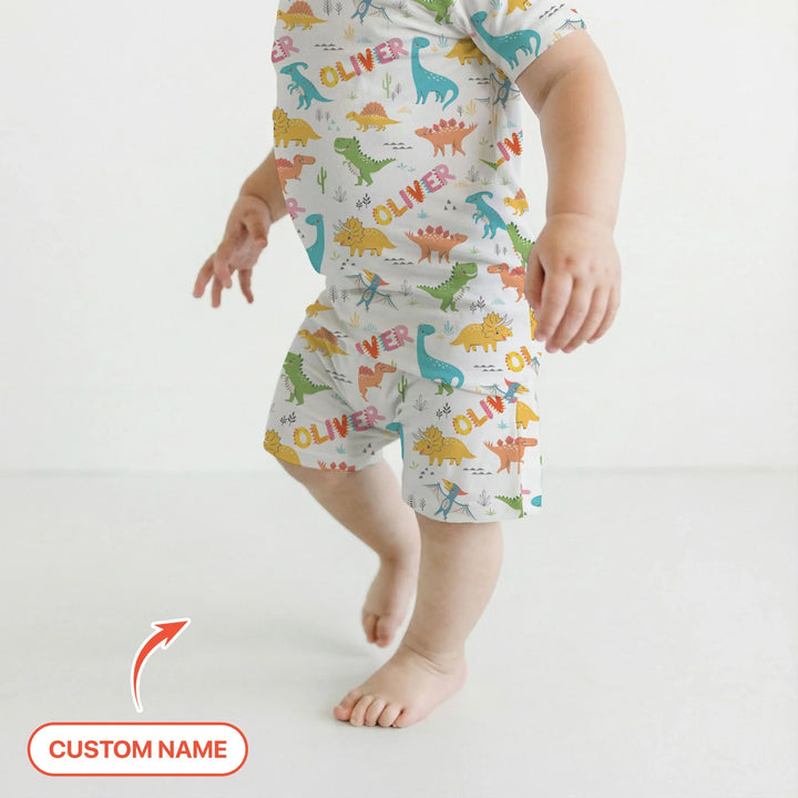 Dino Adventure Custom Name Bamboo Two Piece Short Sleeve Shorts Pajama Set