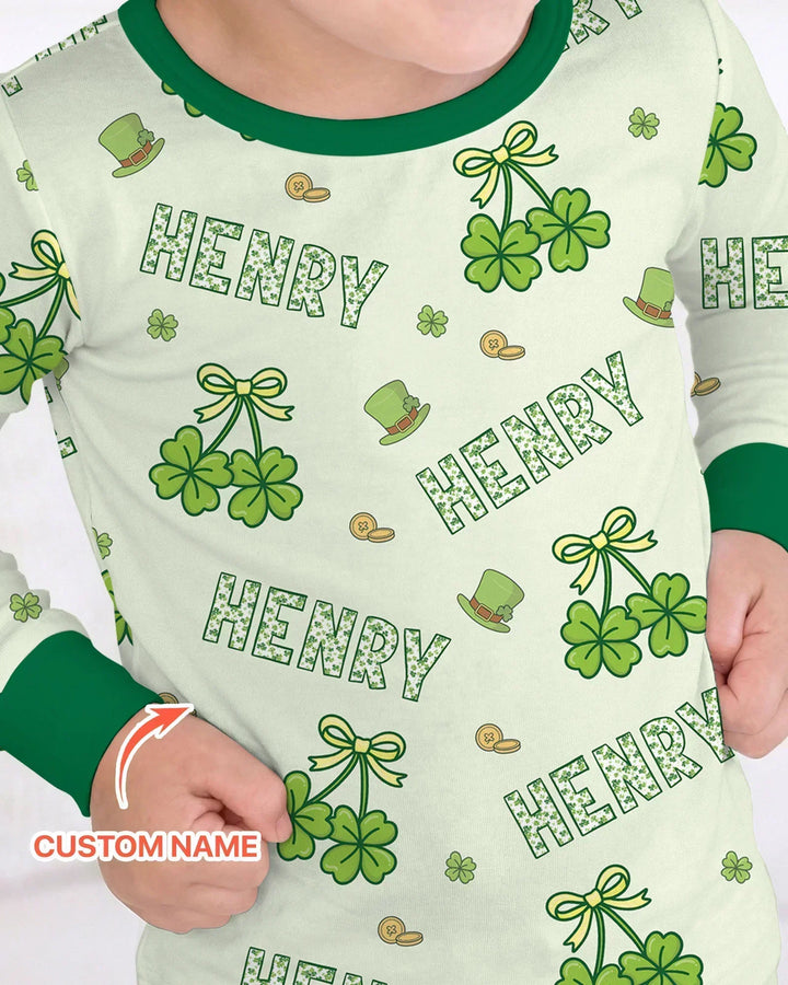 Custom Name Lucky Little Shamrock Bamboo Two Piece Long Sleeve Pajama Set
