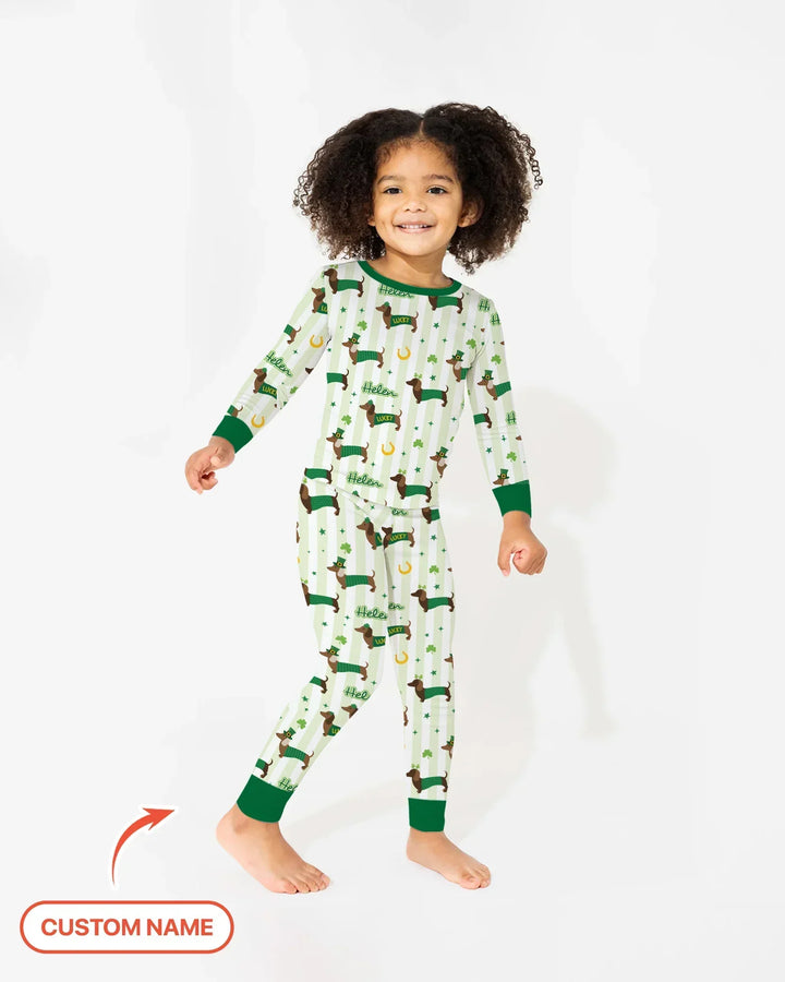 Lucky Dachshunds St. Patrick's Day Family Matching Bamboo Two Piece Long Sleeve Pajama Set