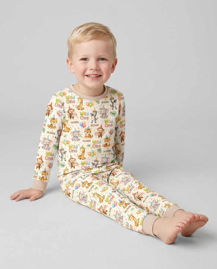 Custom Name 1st Birthday Wild One Bamboo Two Piece Long Sleeve Pajama Set