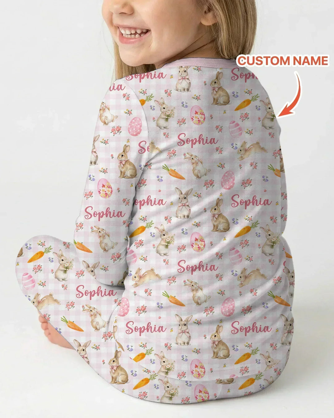 Custom Name Bunny Garden Bamboo Two Piece Long Sleeve Pajama Set