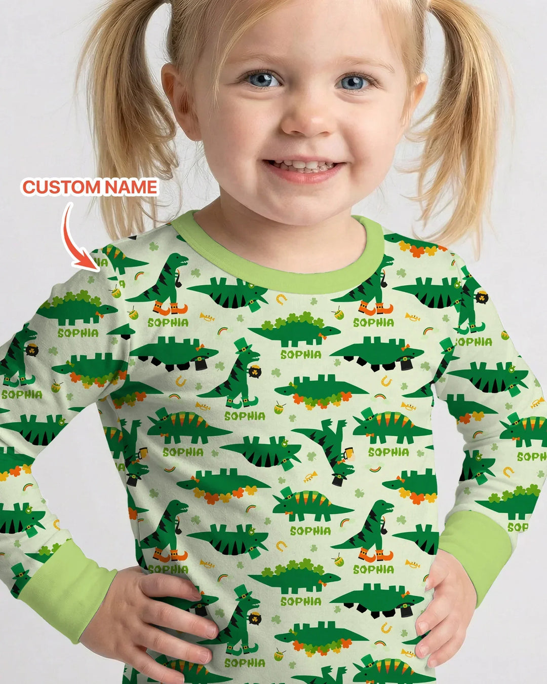 Custom Name St. Patrick's Day Dinosaurs Bamboo Two Piece Long Sleeve Pajama Set