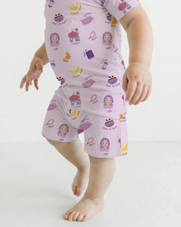 Cute Ramadhan Mubarak Bamboo Two Piece Short Sleeve Shorts Pajama Set