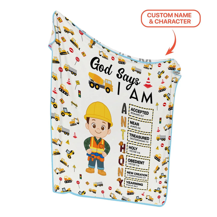 Custom Name God Says I Am Little Builder Letter in Bible Bamboo Blanket