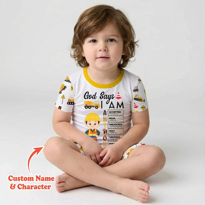 Custom Name God Says I Am Little Builder Letter in Bible Bamboo Two Piece Short Sleeve Shorts Pajama Set