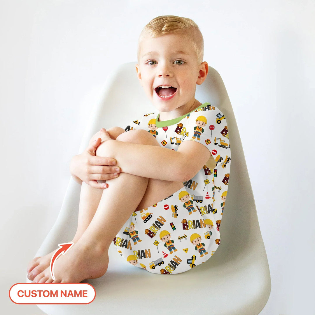 Custom Name Doodle Little Builder Bamboo Two Piece Short Sleeve Shorts Pajama Set