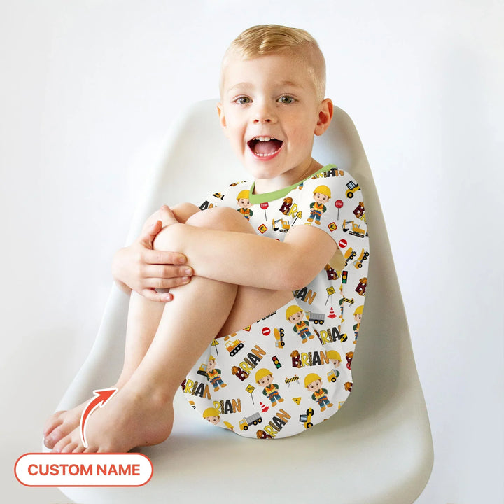 Custom Name Doodle Little Builder Bamboo Two Piece Short Sleeve Shorts Pajama Set