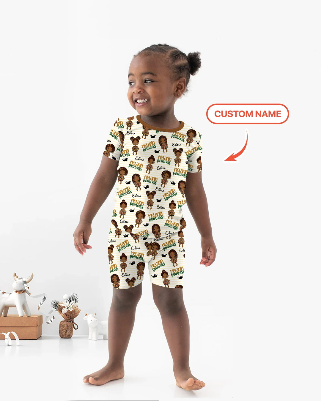Custom Name Melanin Princess Bamboo Two Piece Short Sleeve Shorts Pajama Set