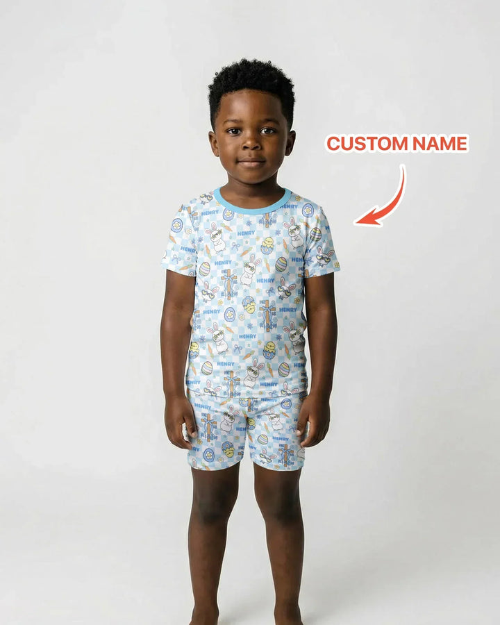 Custom Name Retro Easter Bamboo Two Piece Short Sleeve Shorts Pajama Set