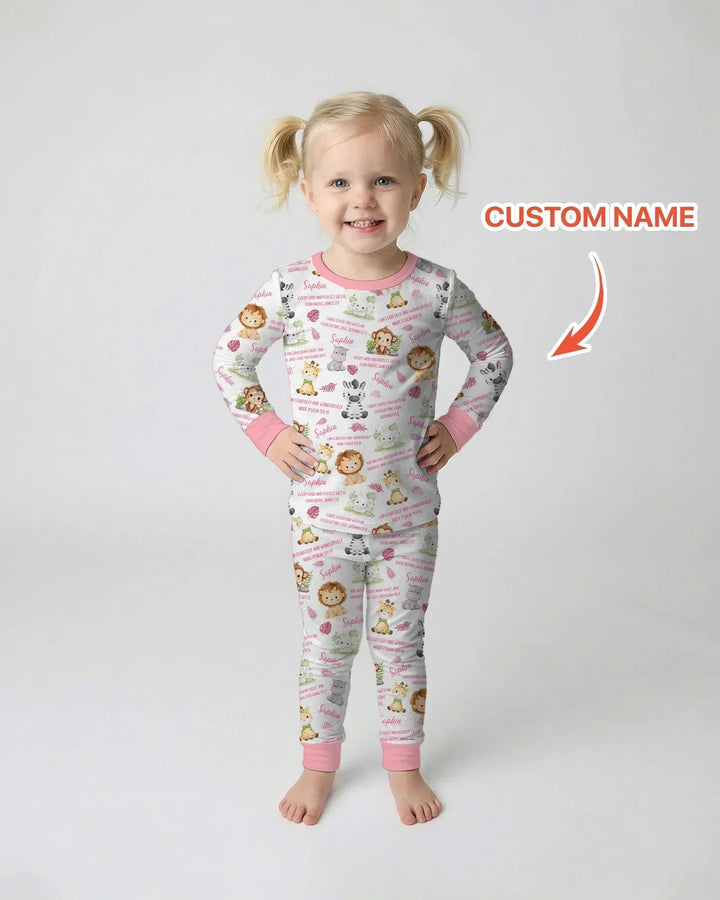 Custom Name Bible Verse Safari Animal Bamboo Two Piece Long Sleeve Pajama Set