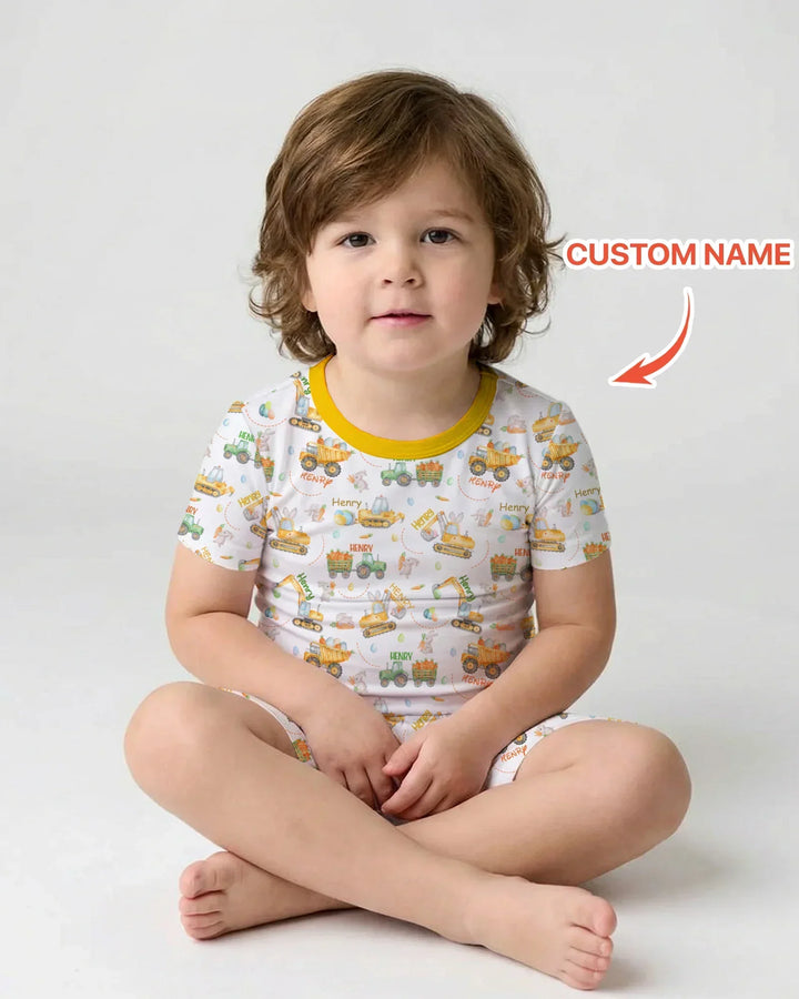 Easter Construction Vehicles Custom Name Bamboo Two Piece Short Sleeve Shorts Pajama Set