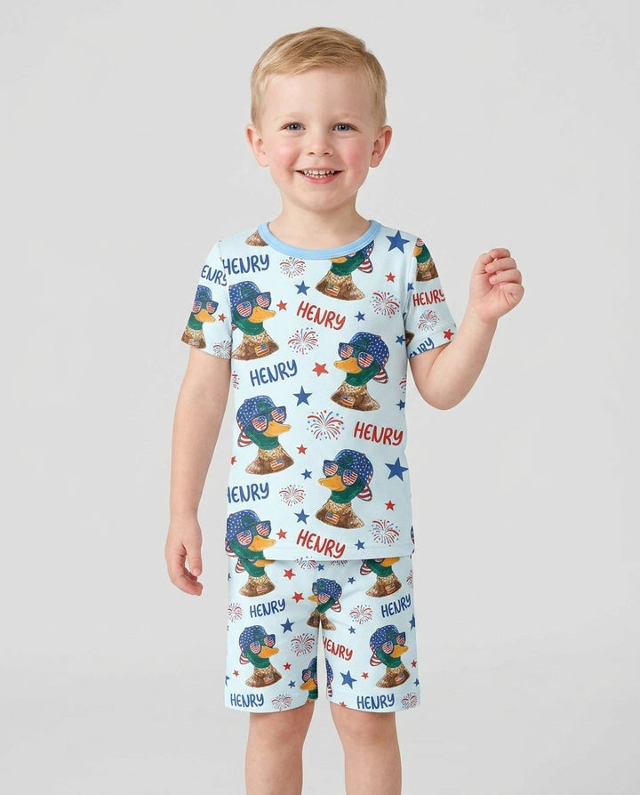 Custom Name Patriotic Mallard Duck Bamboo Two Piece Short Sleeve Shorts Pajama Set