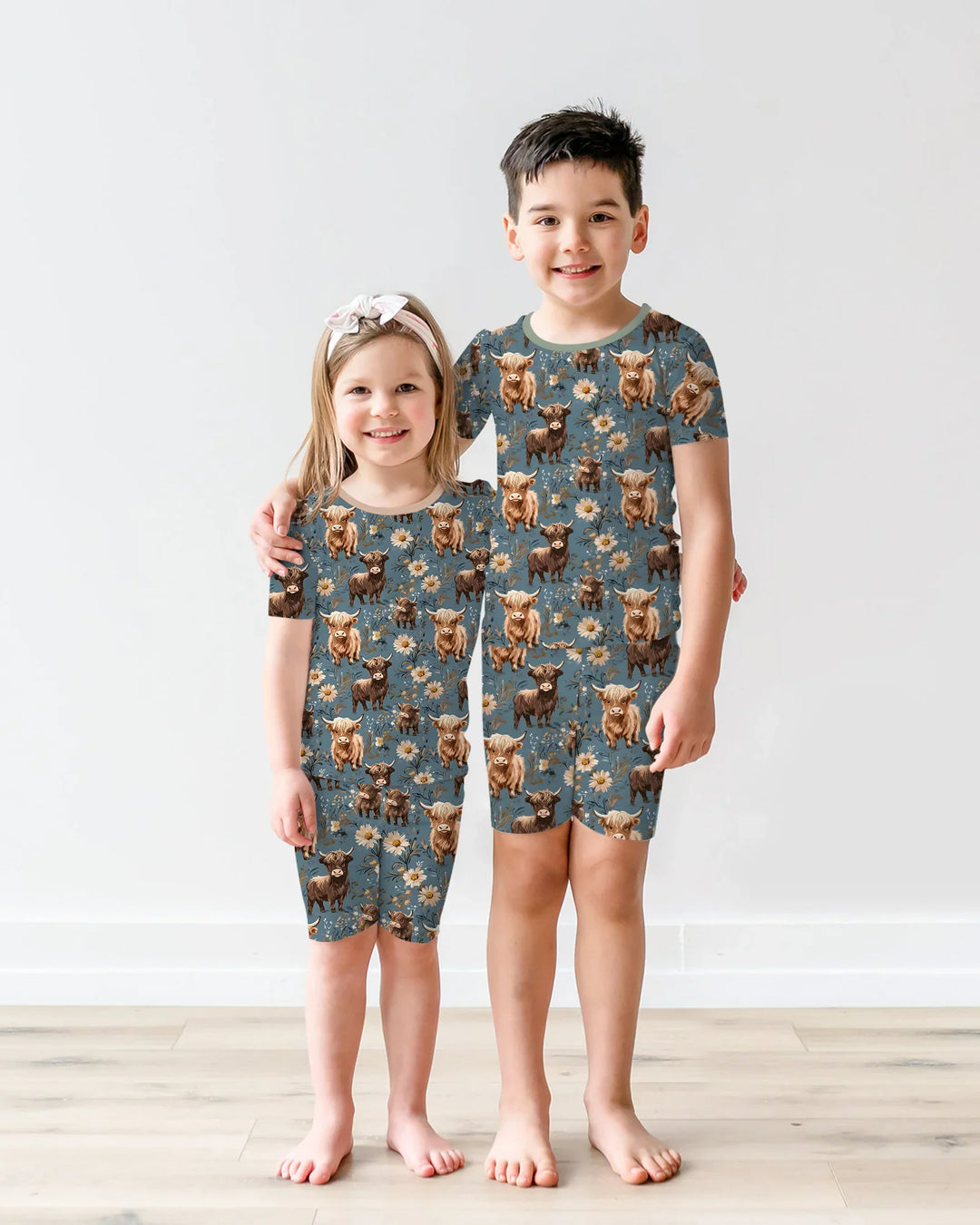 Majestic Highland Cows Family Matching Bamboo Two Piece Short Sleeve Shorts Pajama Set