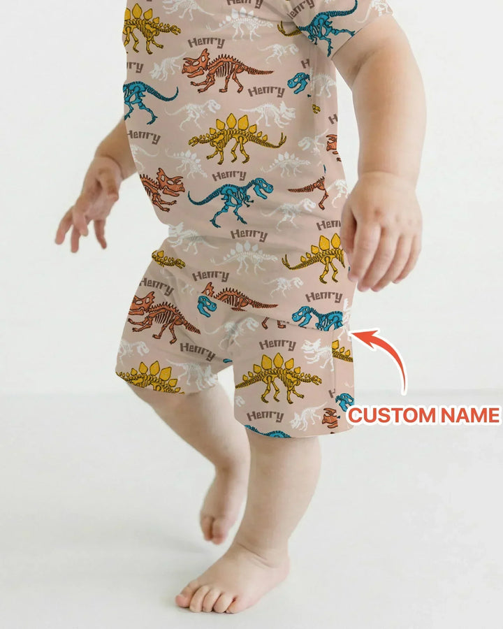 Dino Bones Parade Custom Name Bamboo Two Piece Short Sleeve Shorts Pajama Set