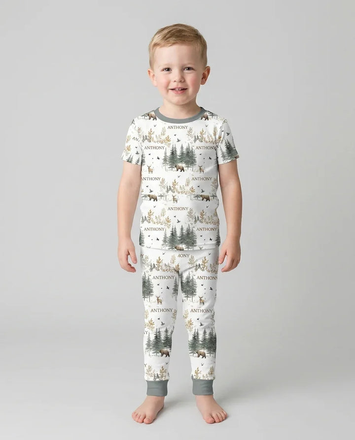 Custom Name Forest Bear Deer Bamboo Two Piece Short Sleeve Pajama Set