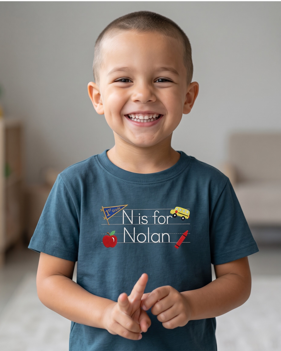 Custom Name Hello School Embroidered Bamboo Crewneck T-Shirt