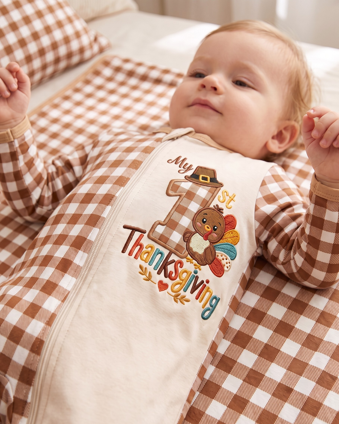 My First Thanksgiving Turkey Embroidered Bamboo Zipper Footie