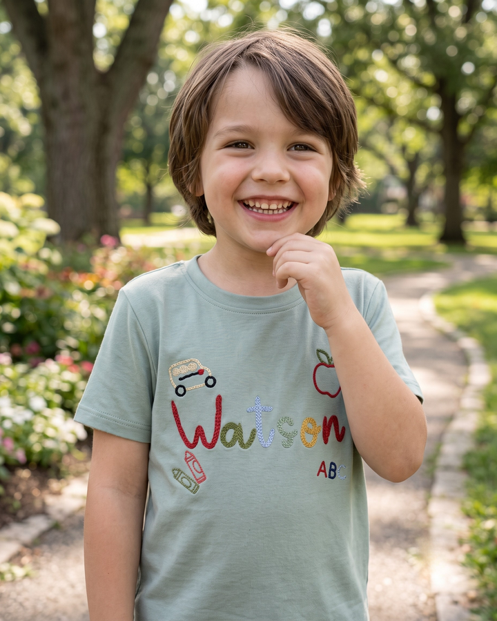 Custom Name Learning Journey Embroidered Bamboo Crewneck T-Shirt