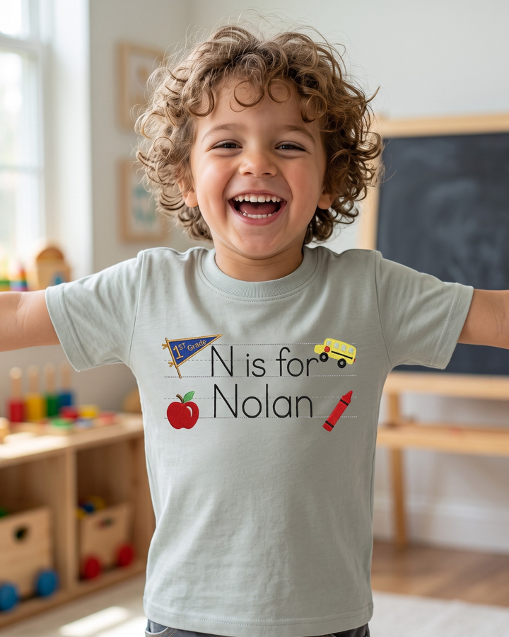 Custom Name Hello School Embroidered Bamboo Crewneck T-Shirt