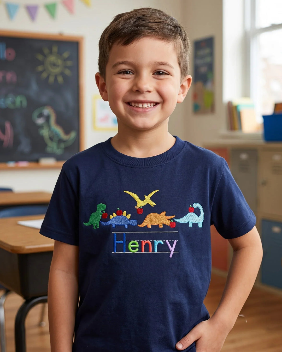 Custom Name Dino's First Day Embroidered Bamboo Crewneck T-Shirt
