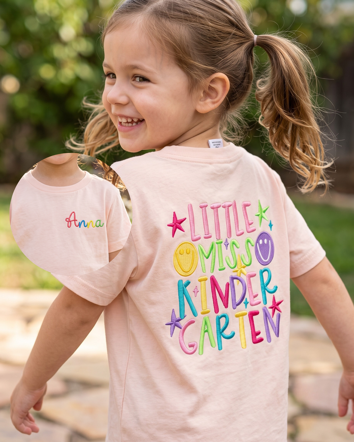Custom Name Little Miss Kindergarten Embroidered Bamboo Crewneck T-Shirt