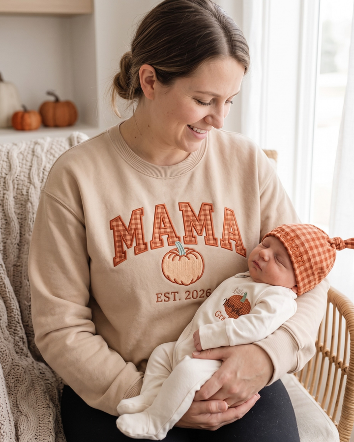 Mama Pumpkin Applique Embroidered Bamboo Women Crewneck Sweatshirt