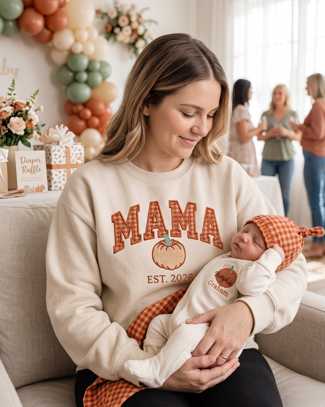 Mama Pumpkin Applique Embroidered Bamboo Women Crewneck Sweatshirt