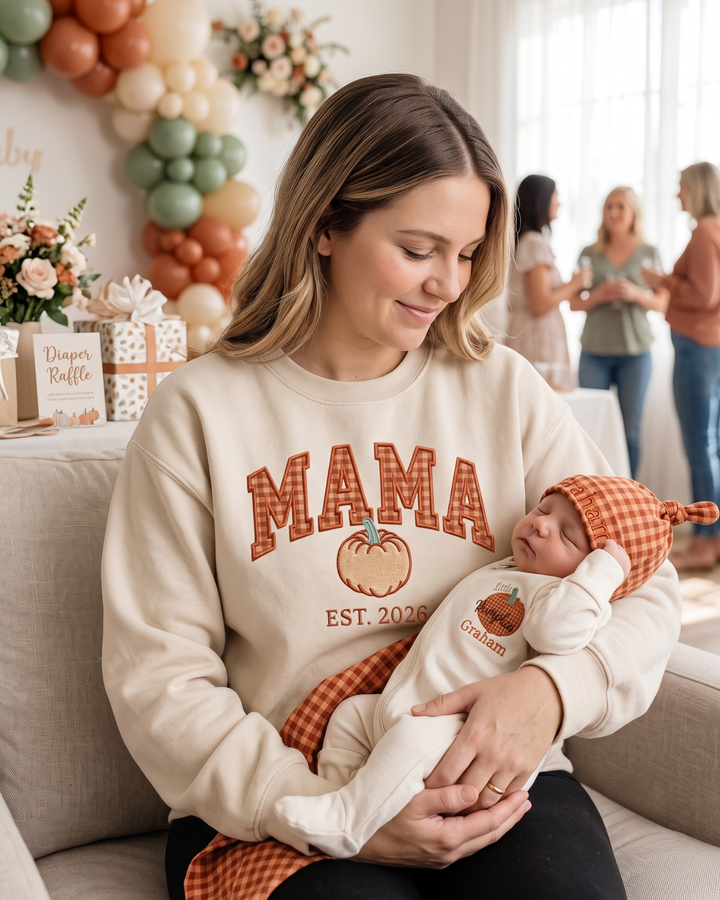 Mama Pumpkin Applique Embroidered Bamboo Women Crewneck Sweatshirt