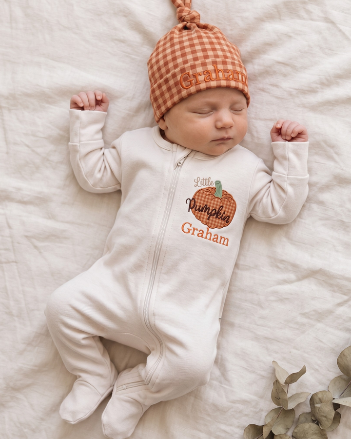 Custom Name Little Pumpkin Gingham Applique Embroidered Bamboo Zipper Footie