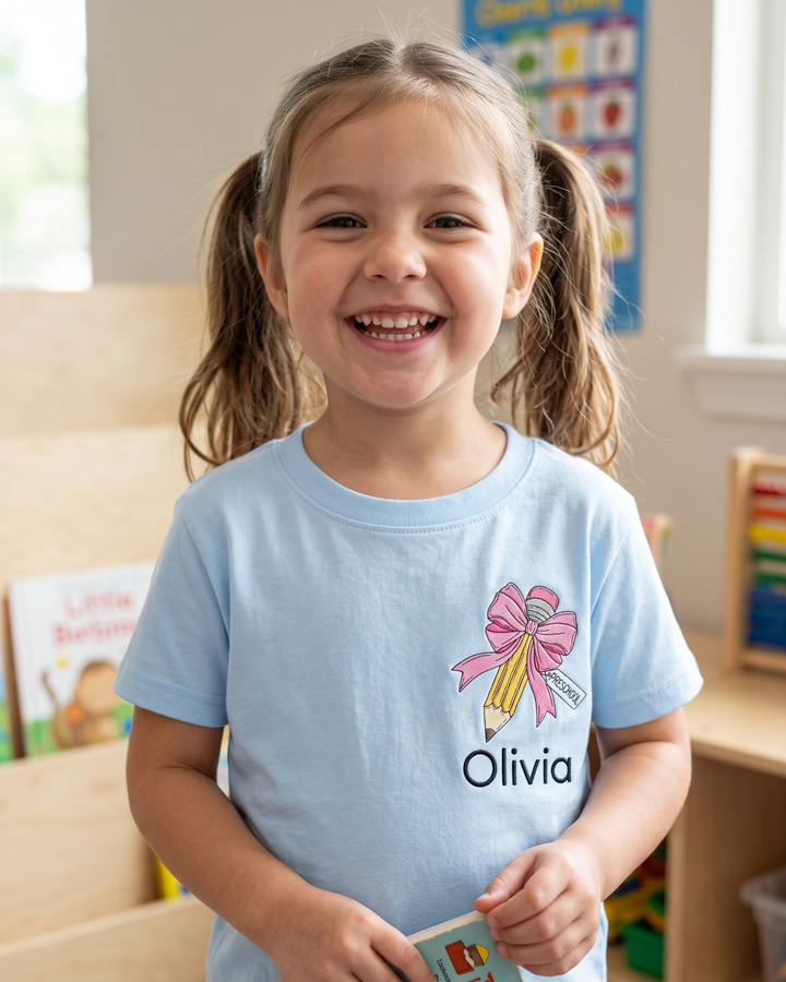 Custom Name Pencil Embroidered Bamboo Crewneck T-Shirt