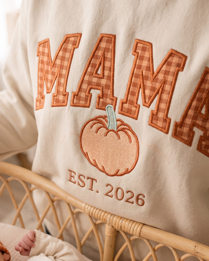 Mama Pumpkin Applique Embroidered Bamboo Women Crewneck Sweatshirt